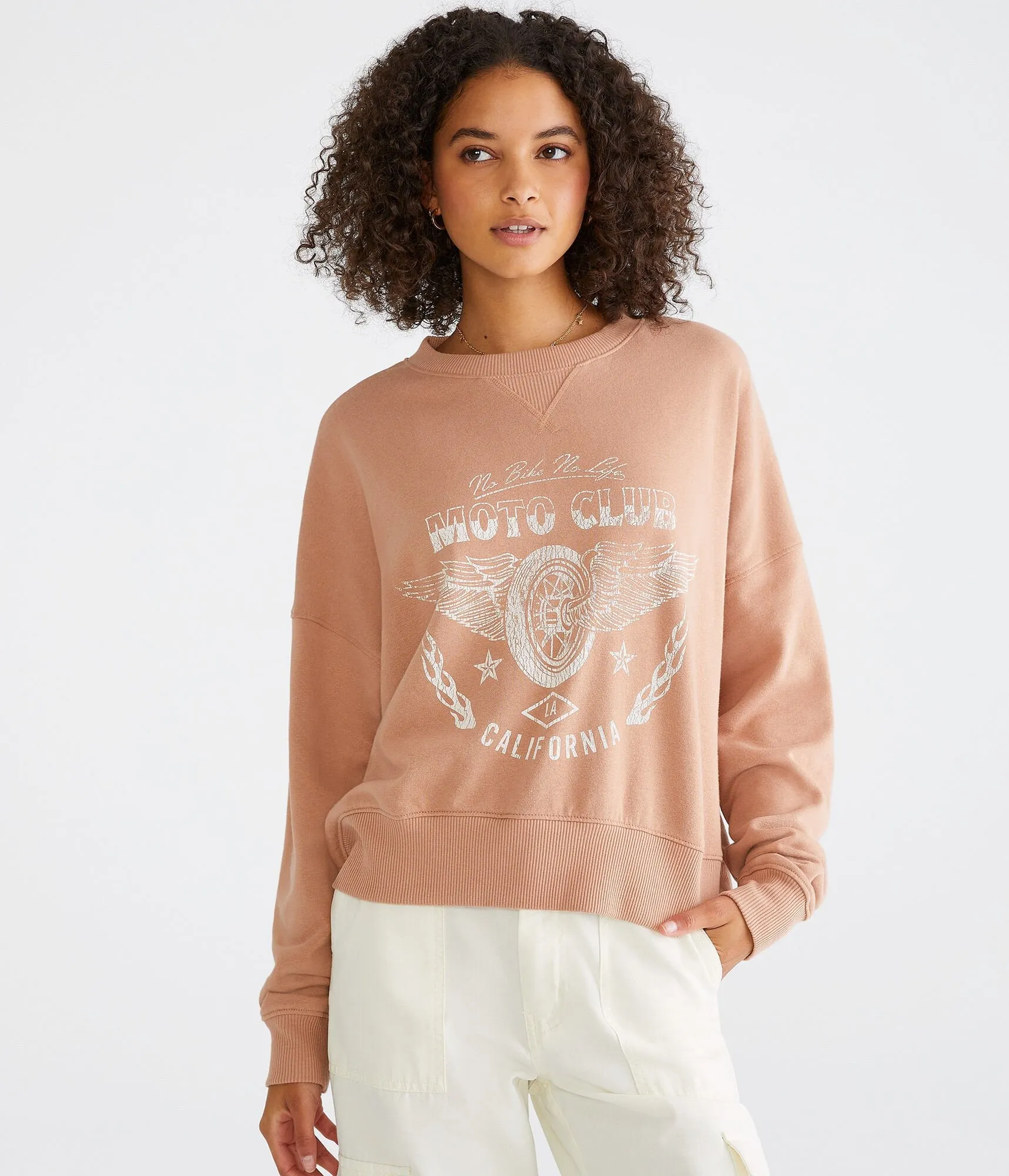 Aeropostale Womens' Moto Club Oversized Crew Sweatshirt - Light Brown - Size XS - Cotton - Teen Fashion & Clothing Chocolate Mal