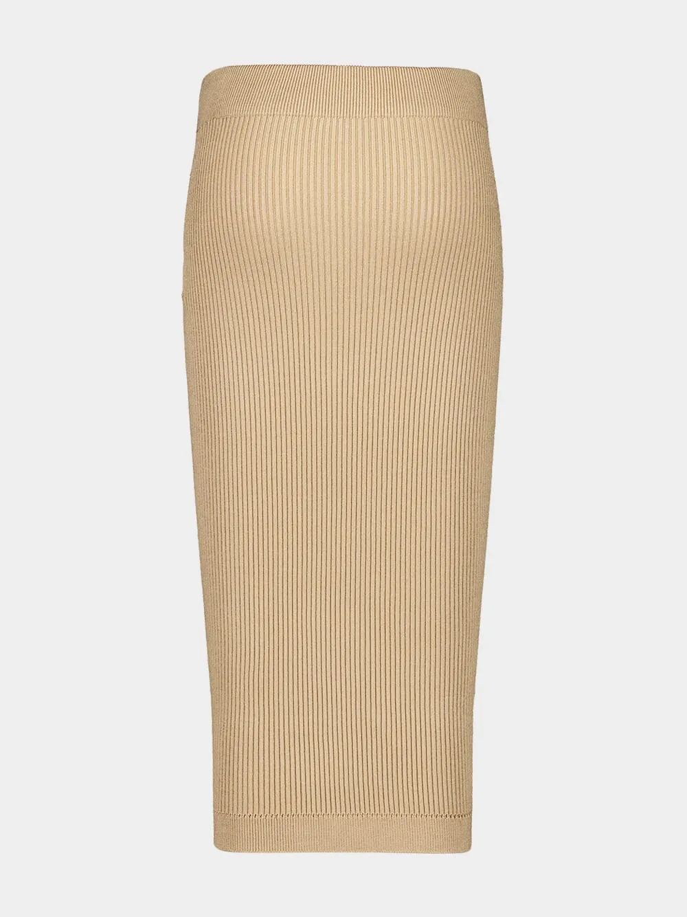 Beige Ribbed Knit Midi Skirt