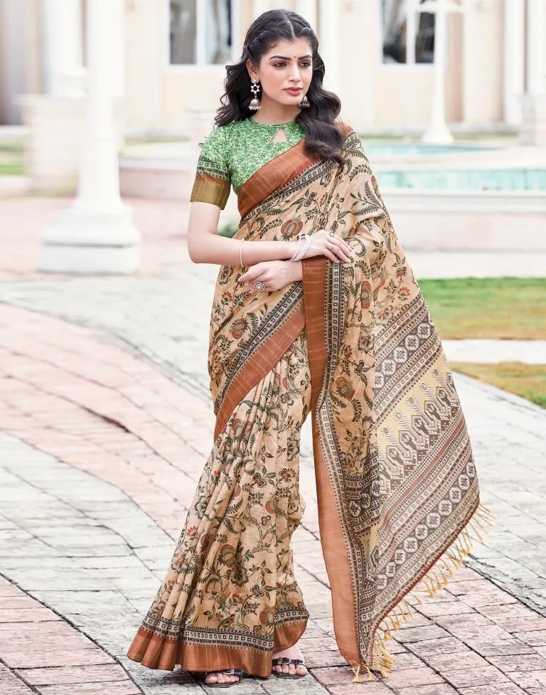 Beige Silk Printed Sarees