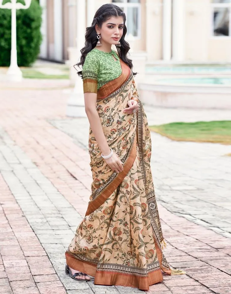 Beige Silk Printed Sarees