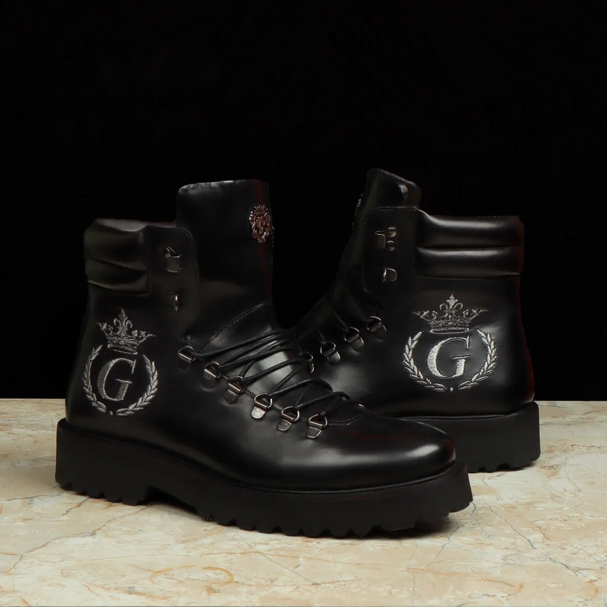 Bespoke G Initial Black Biker Crown Embroidery Boot For Men By Brune & Bareskin