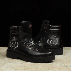 Bespoke G Initial Black Biker Crown Embroidery Boot For Men By Brune & Bareskin