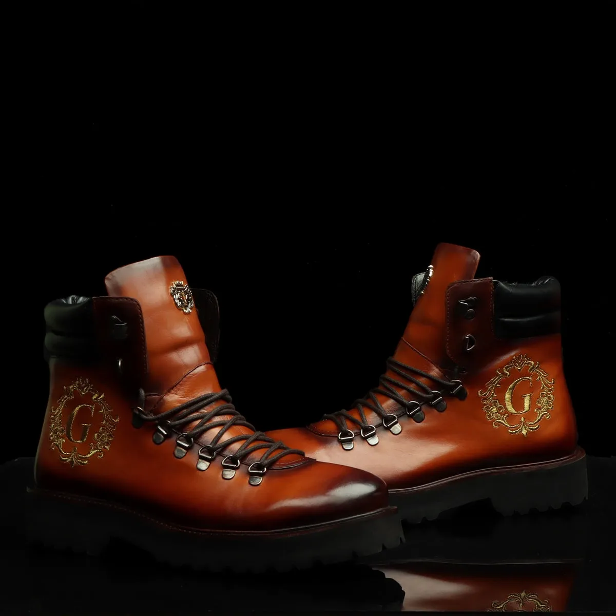 Bespoke G Initial Tan Leather Royal Crest Embroidery Biker Boot for Men By Brune & Bareskin