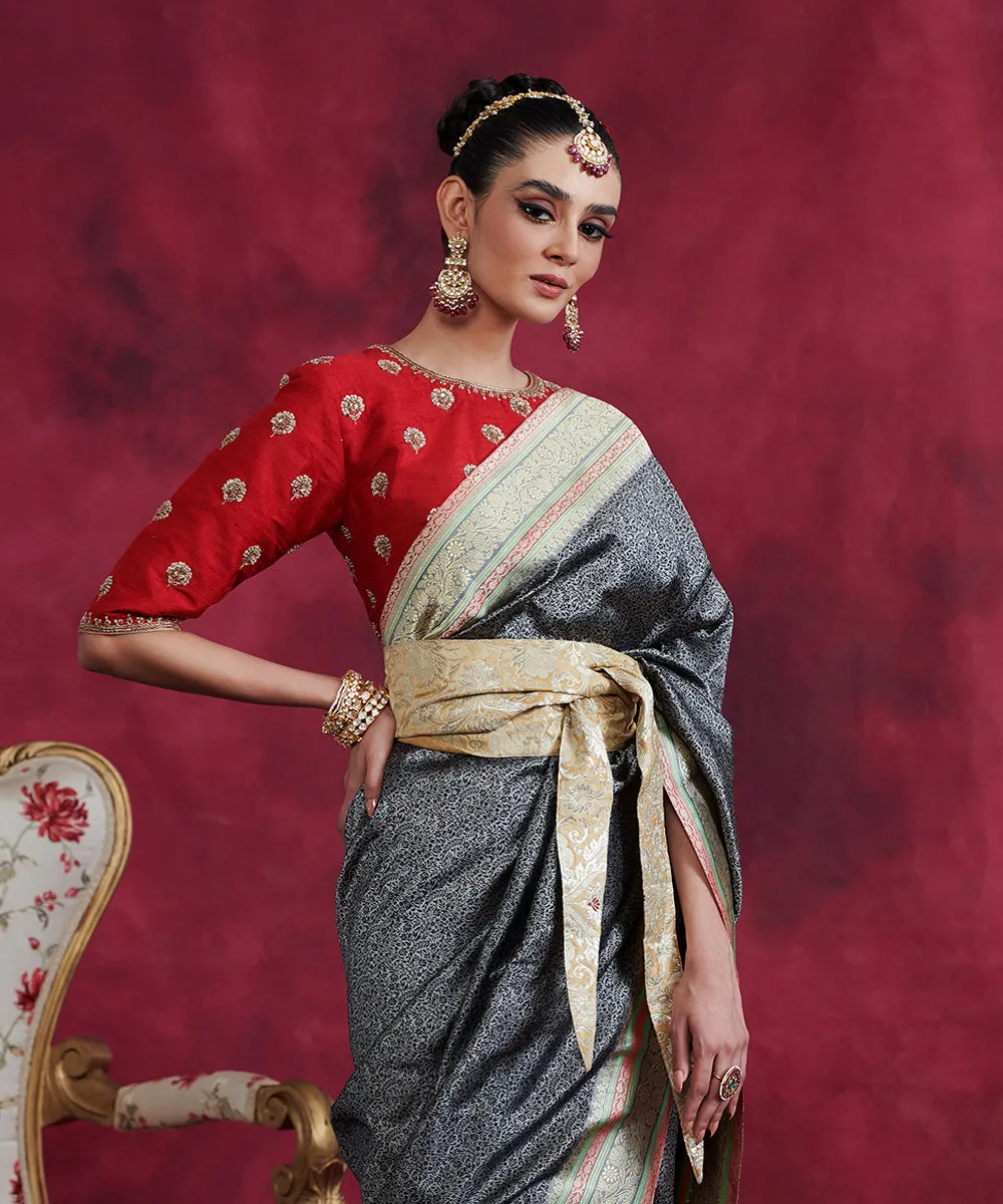 Black And Grey Handloom Reshmi Tanchoi Banarasi Saree With Zari Meenakari Border