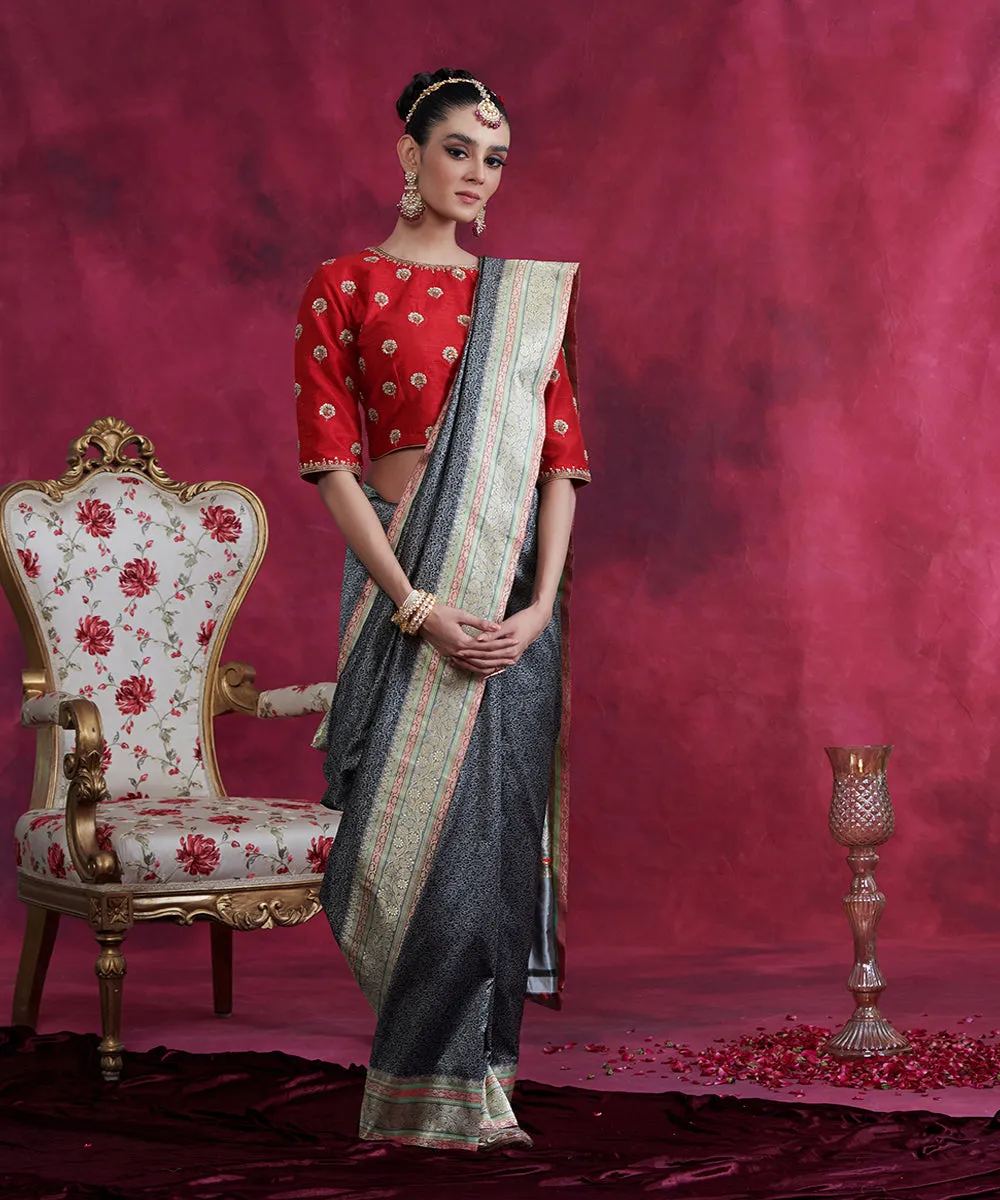 Black And Grey Handloom Reshmi Tanchoi Banarasi Saree With Zari Meenakari Border