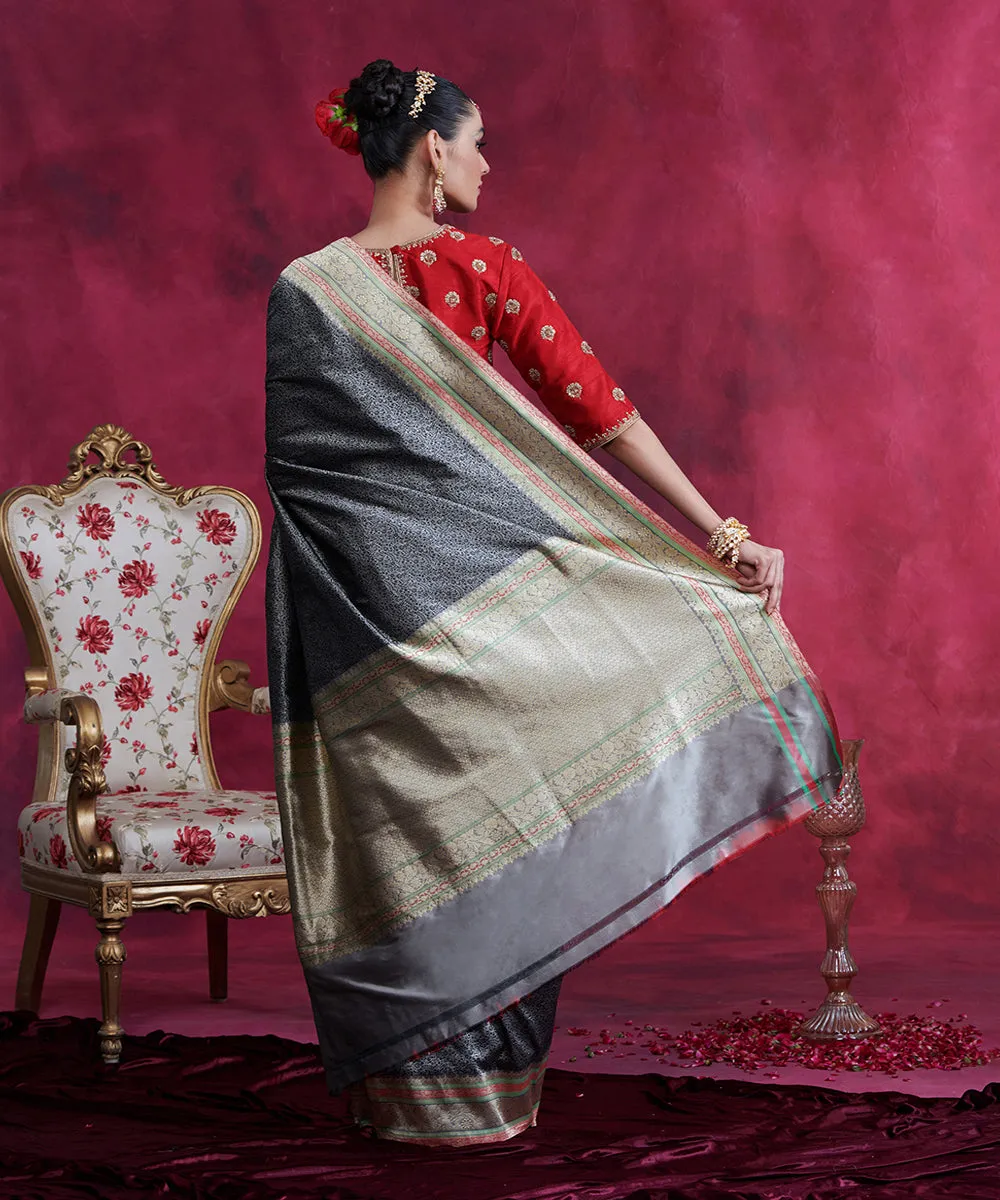 Black And Grey Handloom Reshmi Tanchoi Banarasi Saree With Zari Meenakari Border