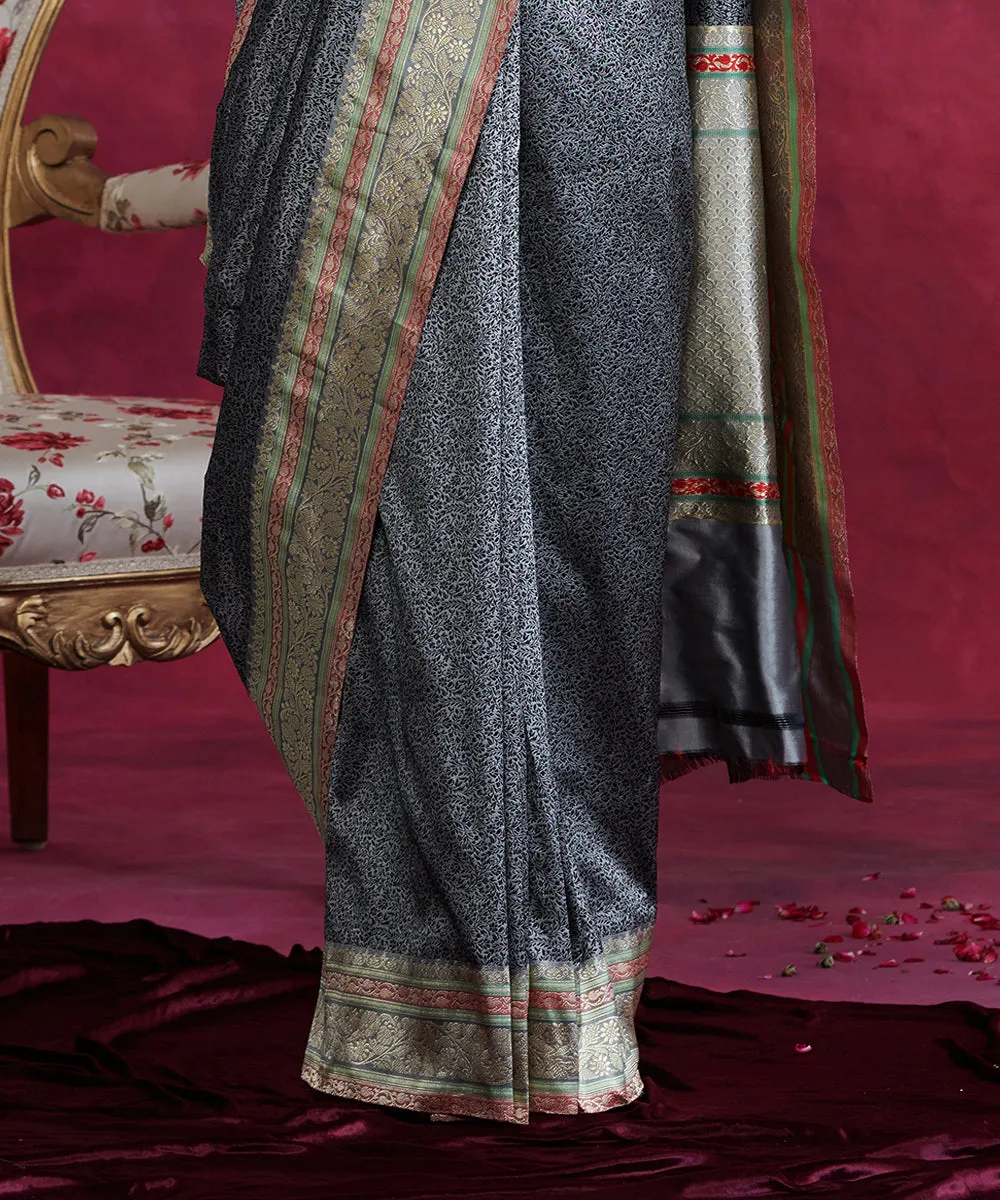 Black And Grey Handloom Reshmi Tanchoi Banarasi Saree With Zari Meenakari Border