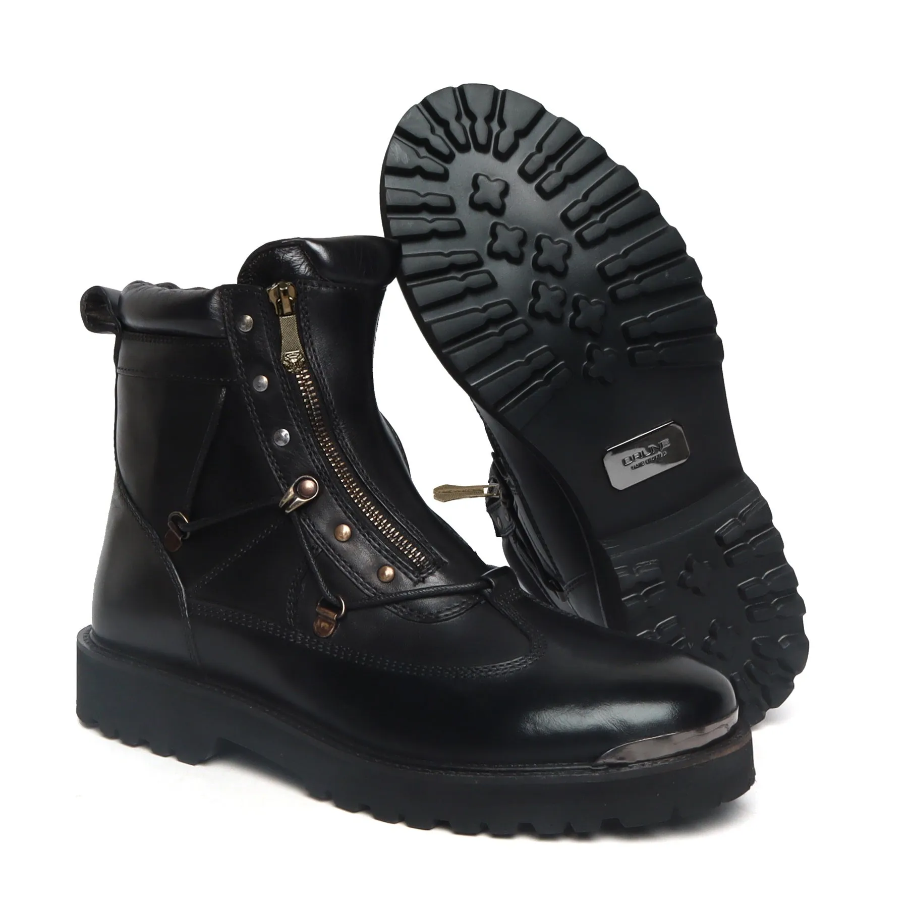 Black Chunky Boot With New Shape With Metal Plate On Toe