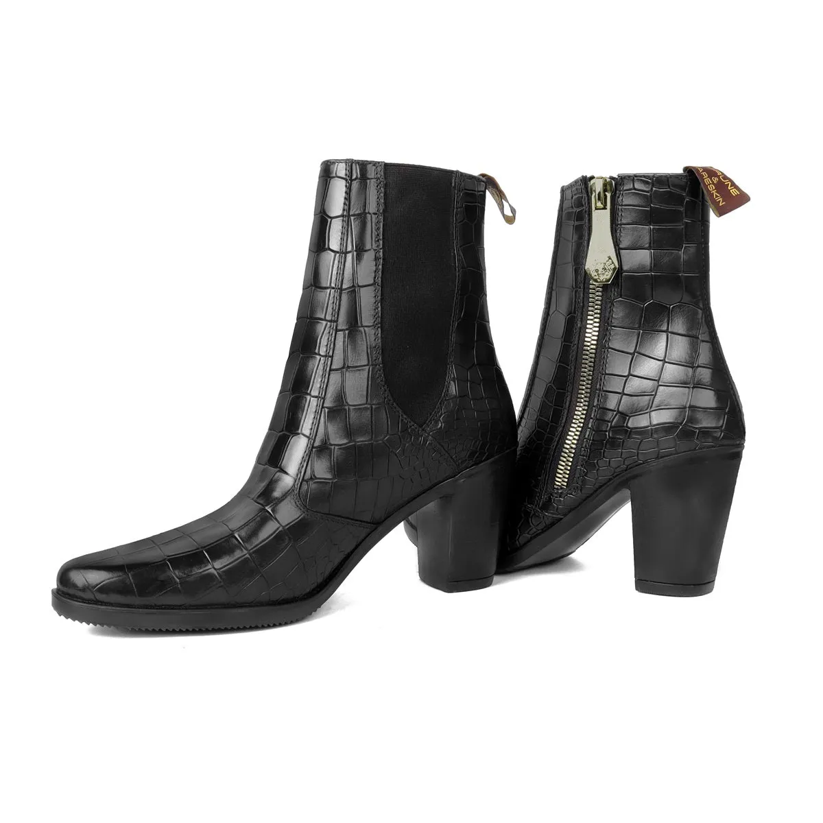 Black Deep Cut Croco Leather Ladies Boot With Zip Closure By Brune & Bareskin