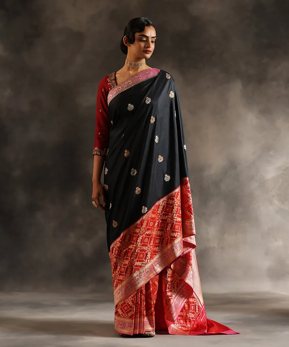 Black Handloom Pure Katan Silk Banarasi Saree With Red Patola Border