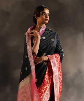 Black Handloom Pure Katan Silk Banarasi Saree With Red Patola Border