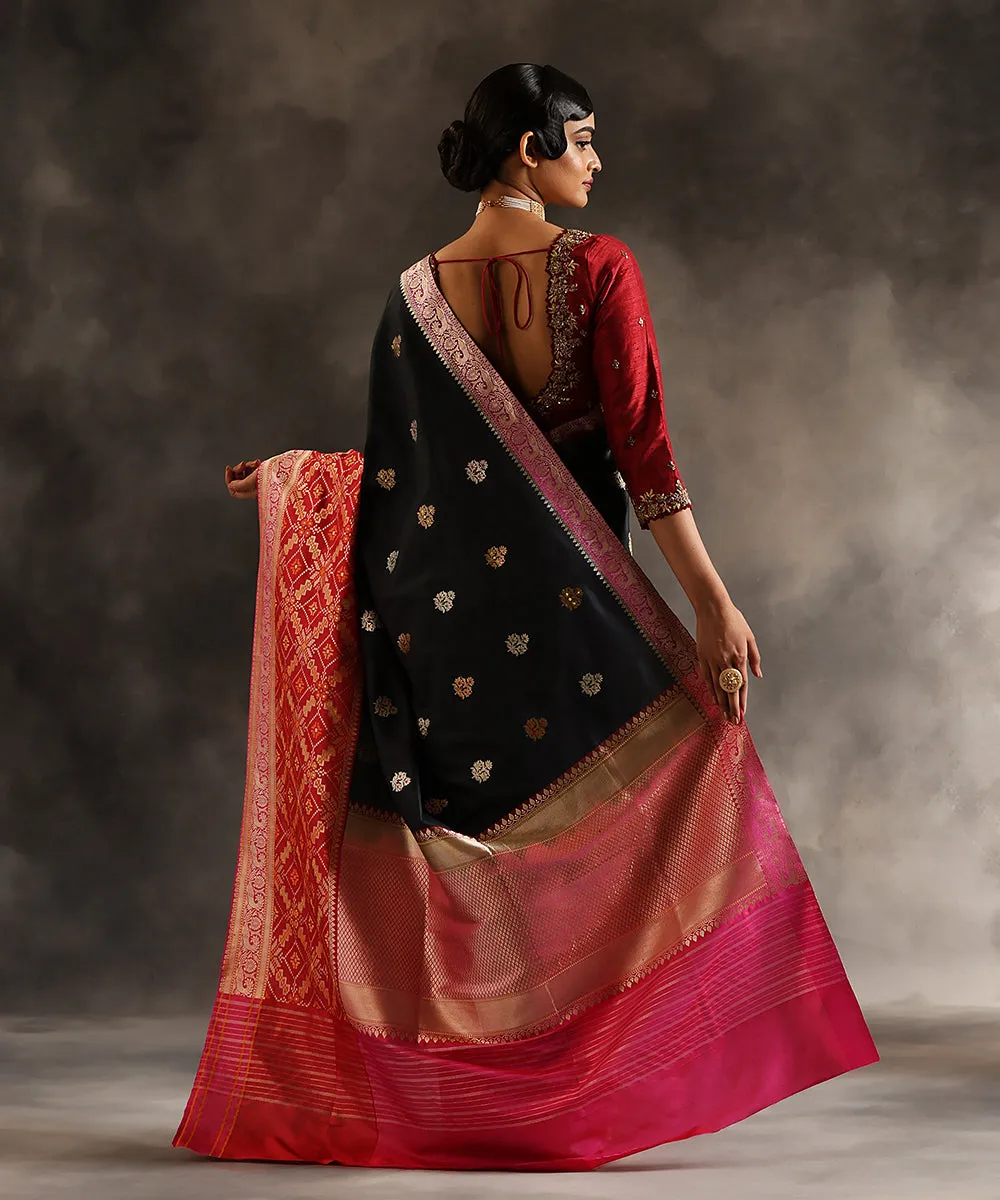 Black Handloom Pure Katan Silk Banarasi Saree With Red Patola Border