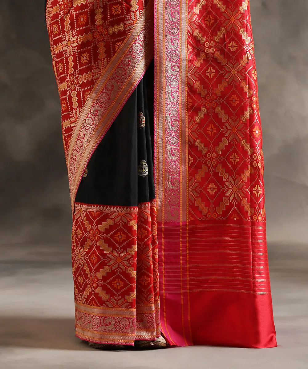 Black Handloom Pure Katan Silk Banarasi Saree With Red Patola Border