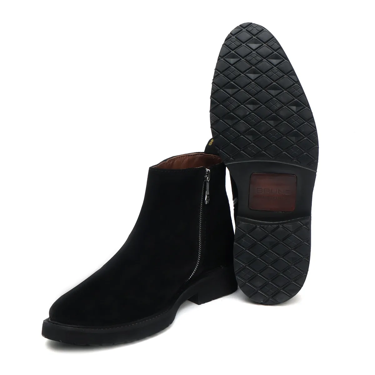 Black Suede Leather Round toe Men's Boot with Zip Closure By Brune & Bareskin