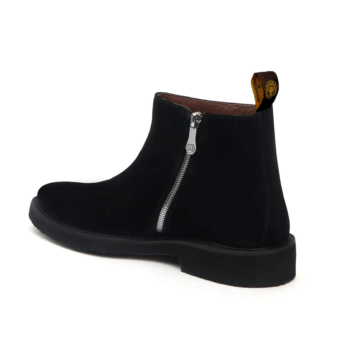 Black Suede Leather Round toe Men's Boot with Zip Closure By Brune & Bareskin