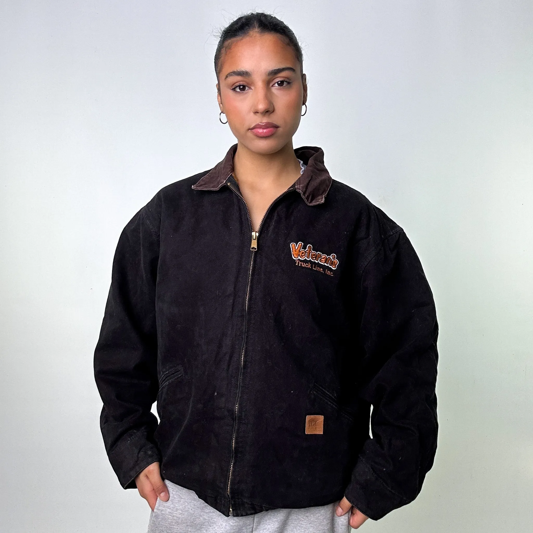 Black Vintage White Bear Detroit Style Workwear Jacket Coat (L)