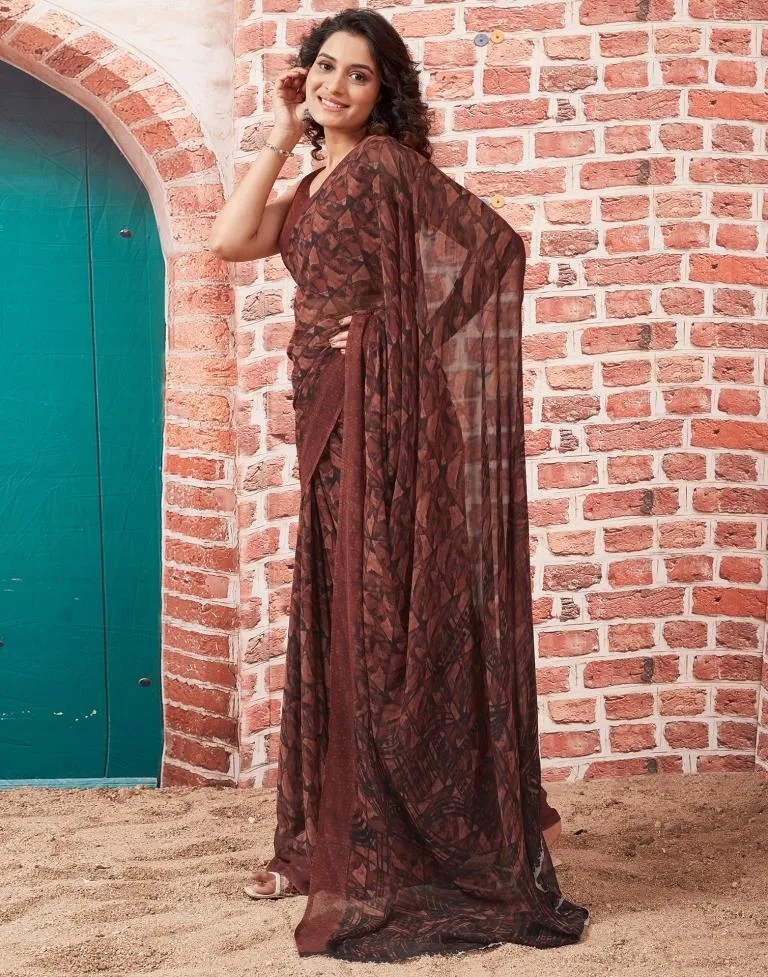 Brown Georgette Printed Sarees