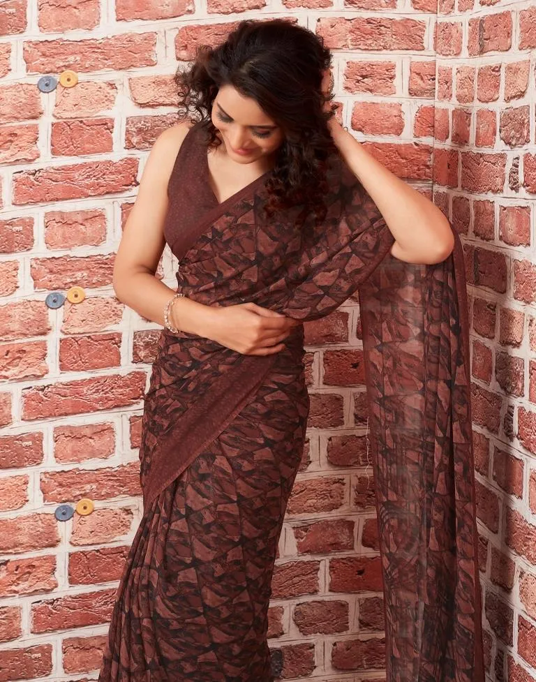 Brown Georgette Printed Sarees