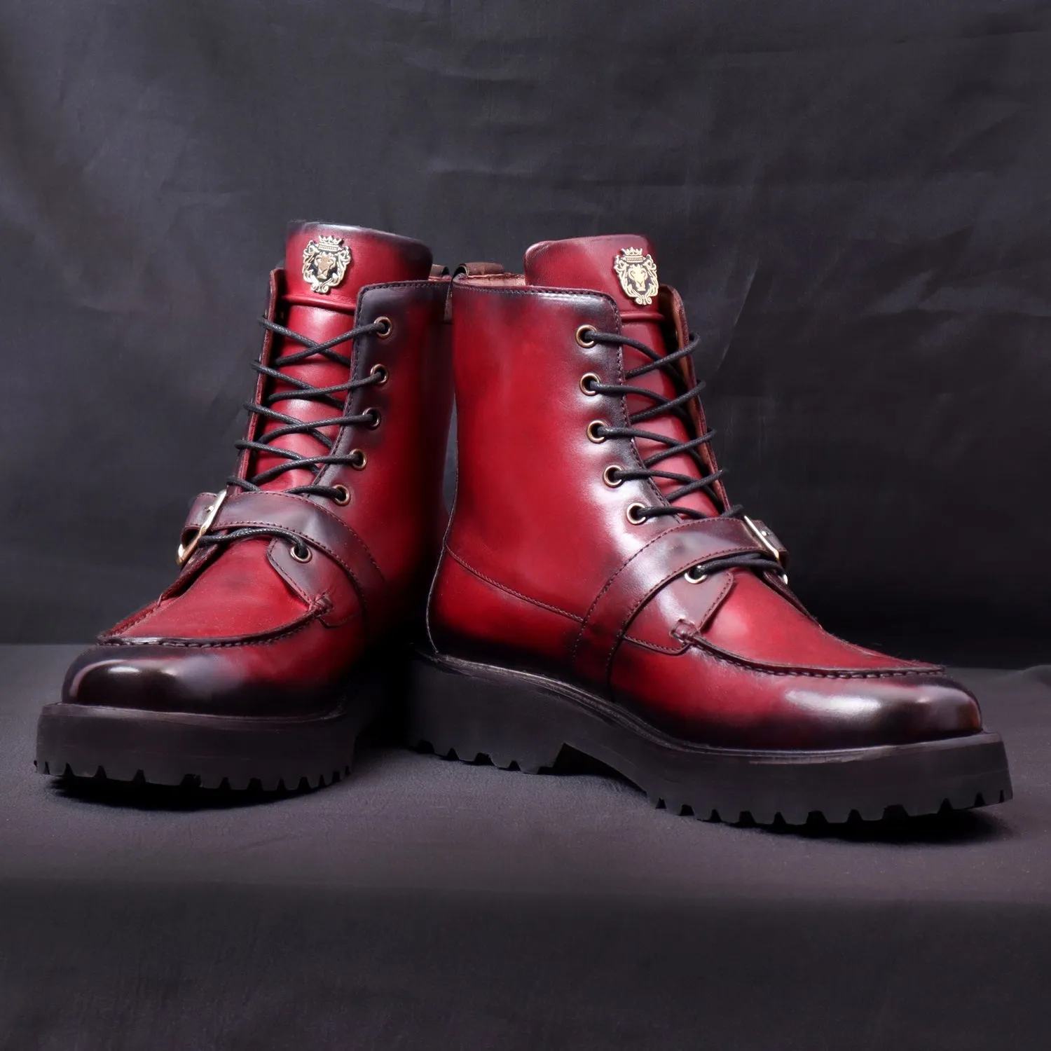 Burnished Dark Apron Toe Boot Ultra Light Weight Wine Leather Lace-Up Buckle Straps by Brune & Bareskin