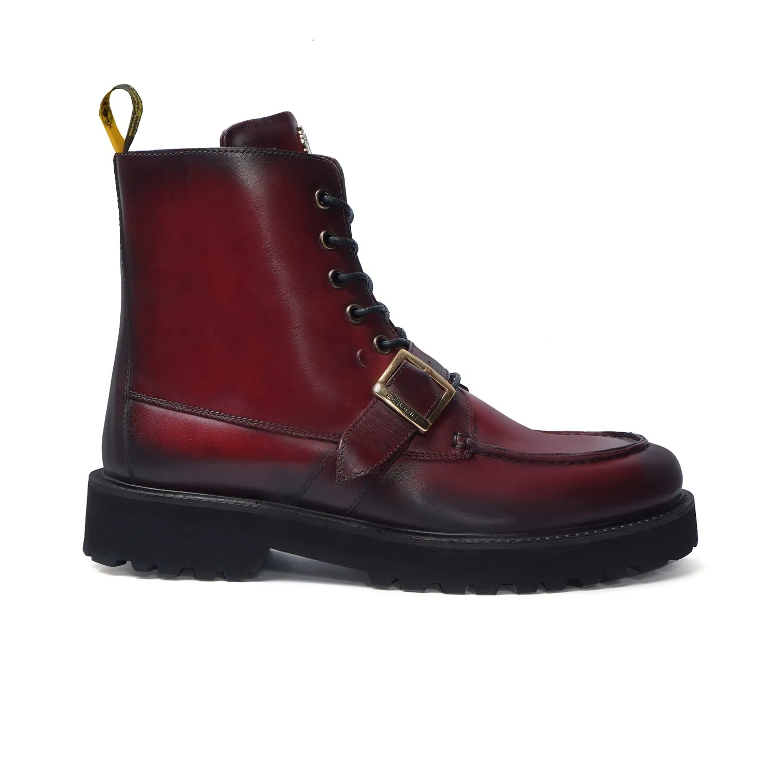 Burnished Dark Apron Toe Boot Ultra Light Weight Wine Leather Lace-Up Buckle Straps by Brune & Bareskin