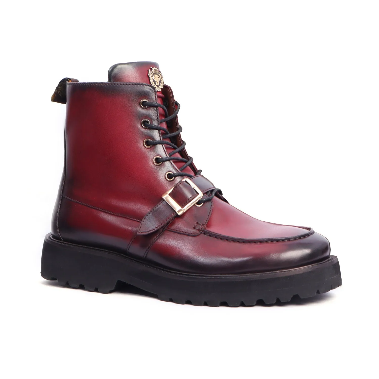 Burnished Dark Apron Toe Boot Ultra Light Weight Wine Leather Lace-Up Buckle Straps by Brune & Bareskin