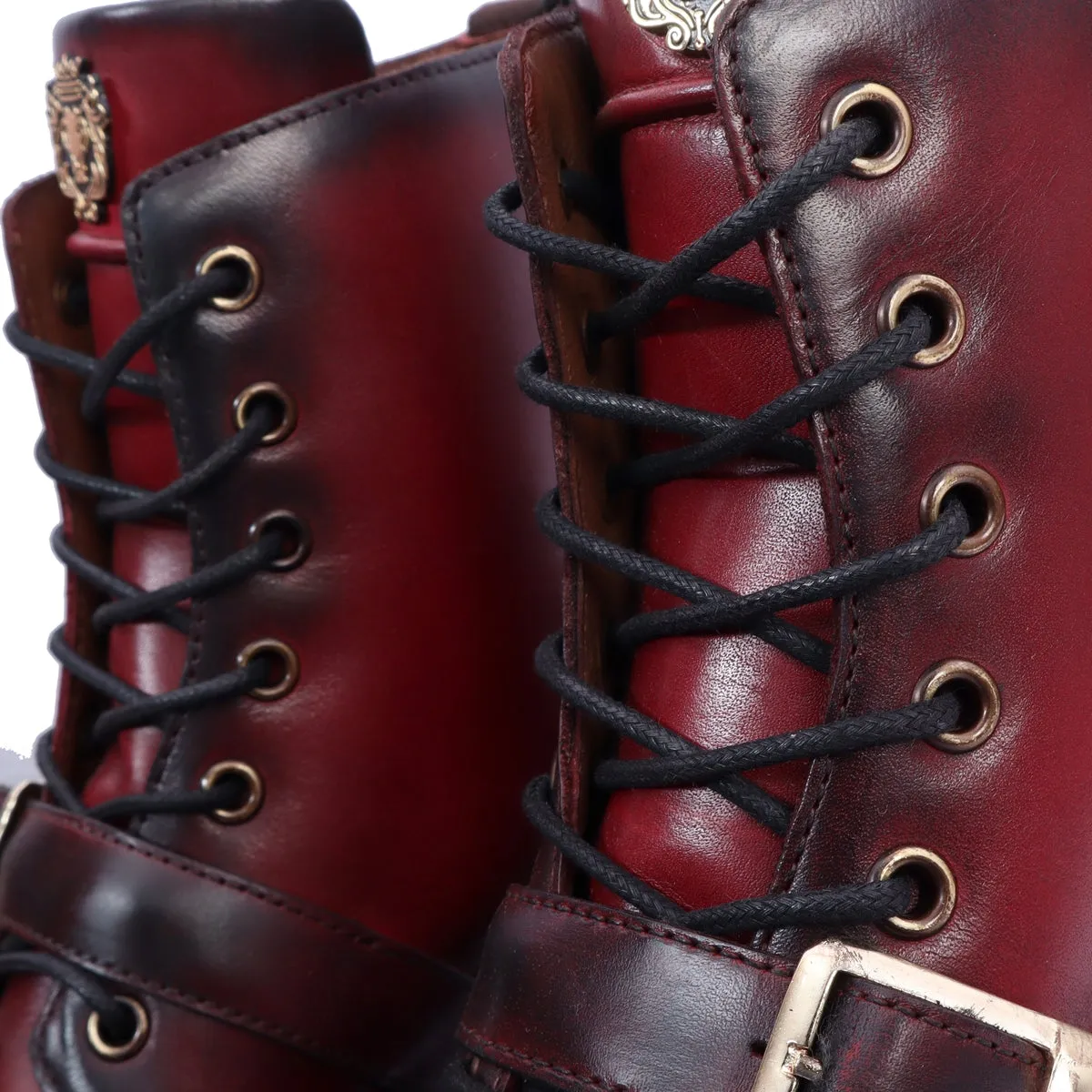 Burnished Dark Apron Toe Boot Ultra Light Weight Wine Leather Lace-Up Buckle Straps by Brune & Bareskin