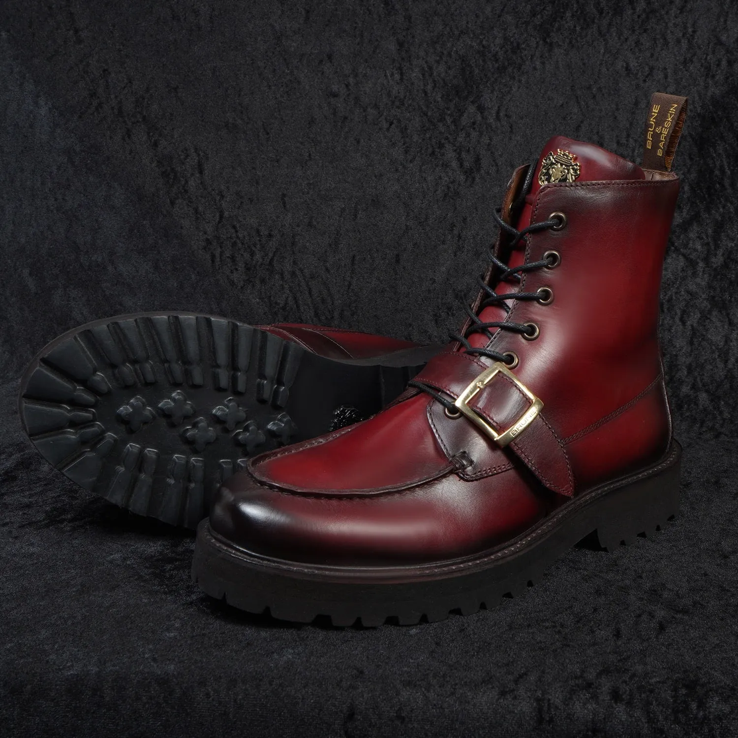 Burnished Dark Apron Toe Boot Ultra Light Weight Wine Leather Lace-Up Buckle Straps by Brune & Bareskin