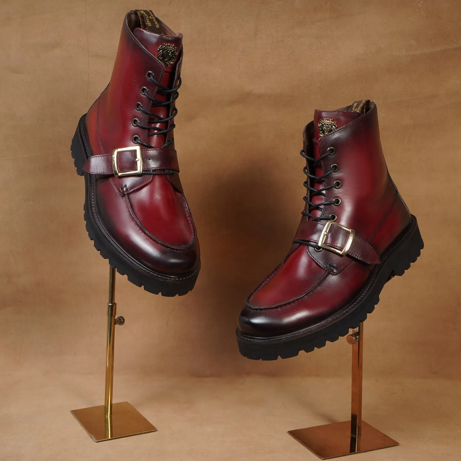 Burnished Dark Apron Toe Boot Ultra Light Weight Wine Leather Lace-Up Buckle Straps by Brune & Bareskin