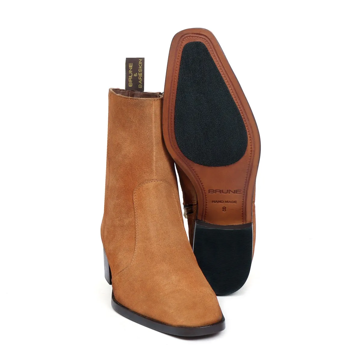 Camel Suede Leather Cuban Heel Boot with Zip Closure