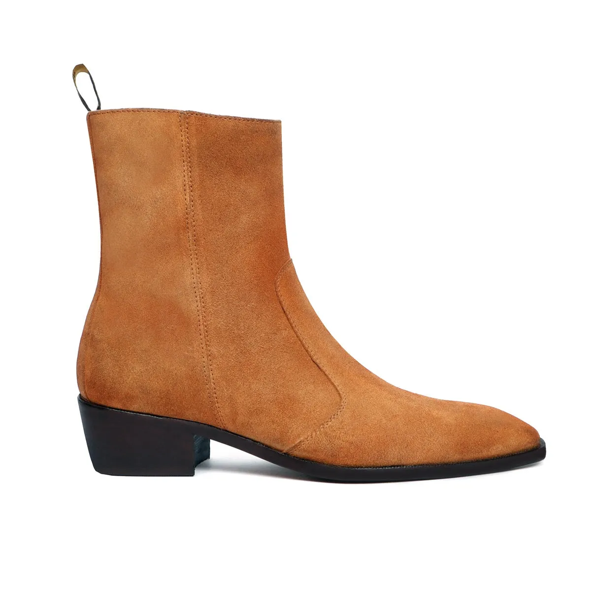 Camel Suede Leather Cuban Heel Boot with Zip Closure