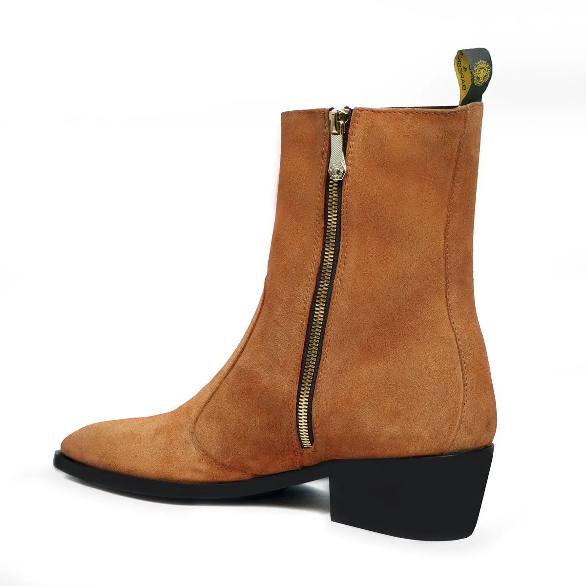 Camel Suede Leather Cuban Heel Boot with Zip Closure