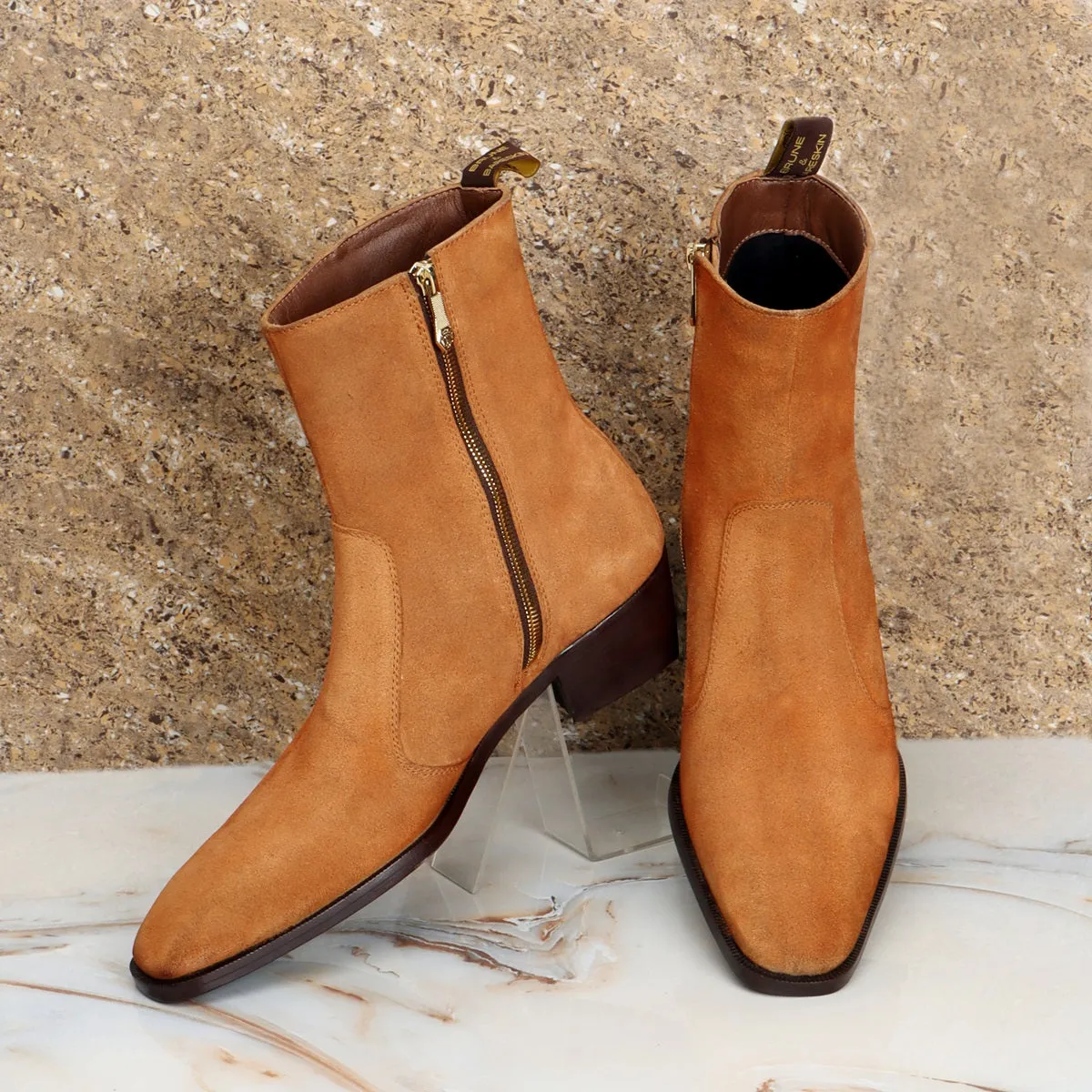 Camel Suede Leather Cuban Heel Boot with Zip Closure