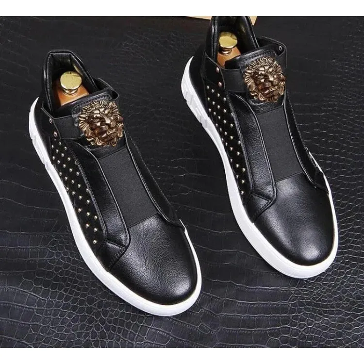 Casual Genuine Leather Waterproof Slip On Hi Top Rivet Shoes for Men