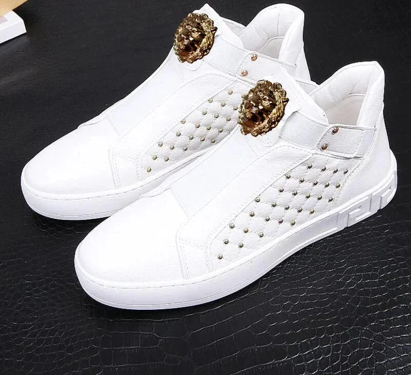 Casual Genuine Leather Waterproof Slip On Hi Top Rivet Shoes for Men