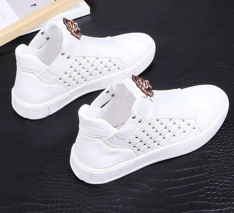 Casual Genuine Leather Waterproof Slip On Hi Top Rivet Shoes for Men