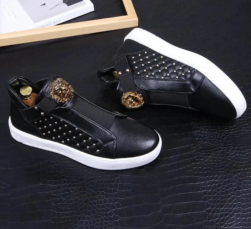 Casual Genuine Leather Waterproof Slip On Hi Top Rivet Shoes for Men