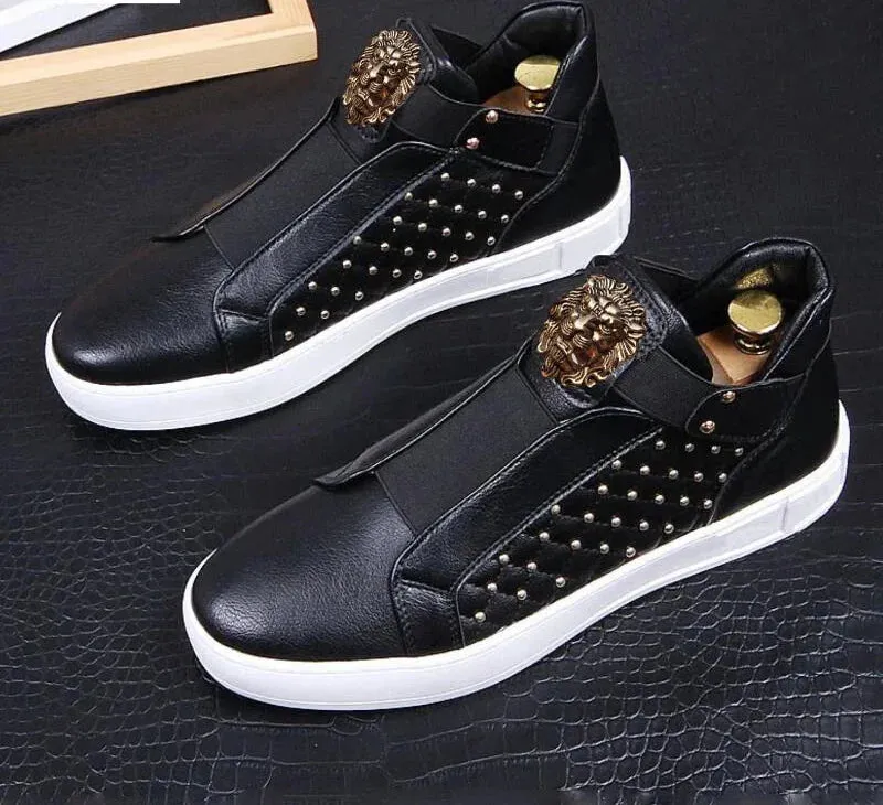 Casual Genuine Leather Waterproof Slip On Hi Top Rivet Shoes for Men