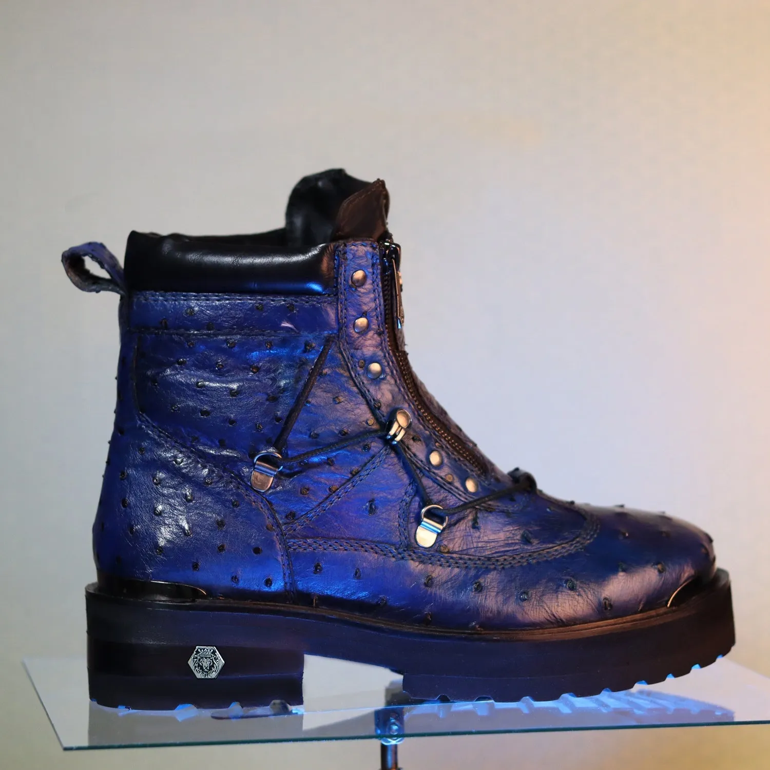 Chunky Boot in Real Ostrich Blue Leather With Metal Plate