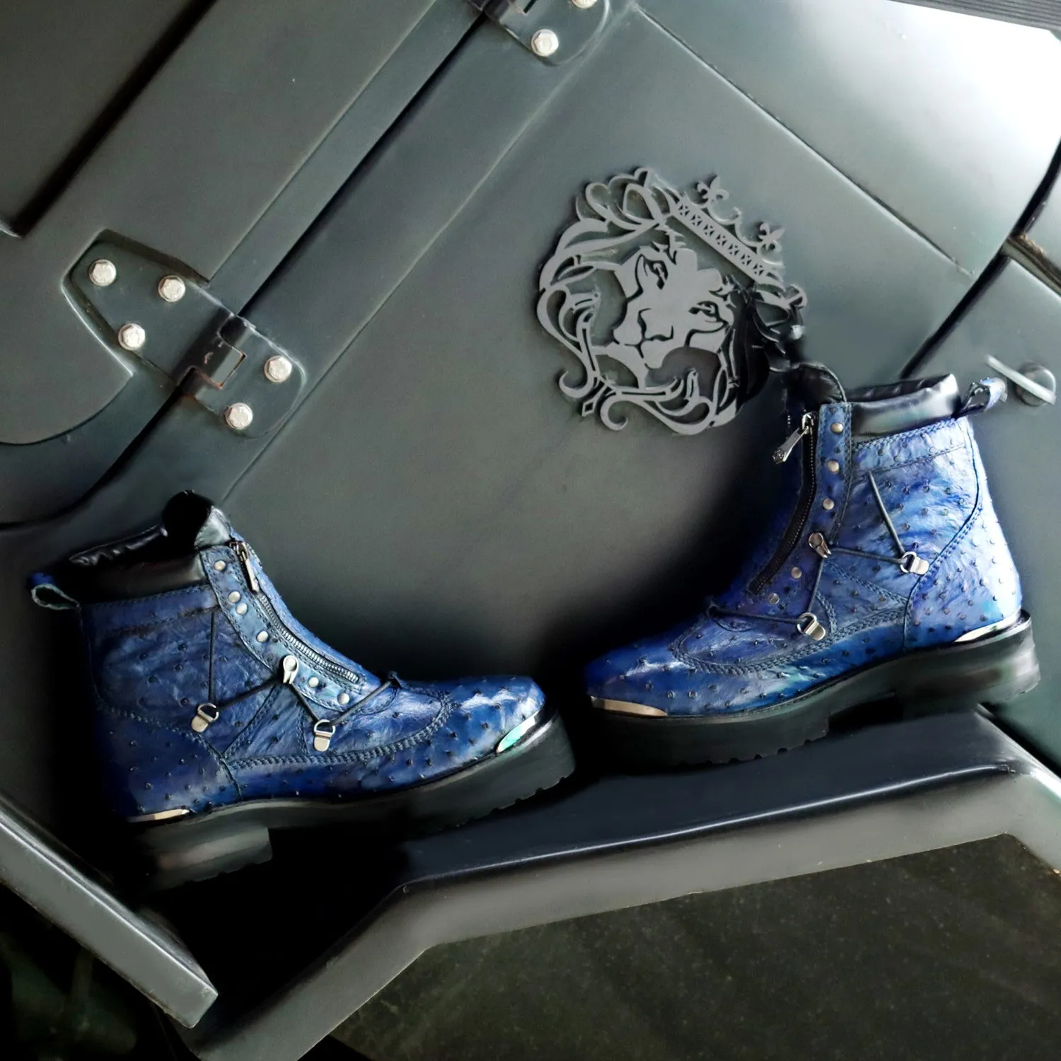 Chunky Boot in Real Ostrich Blue Leather With Metal Plate