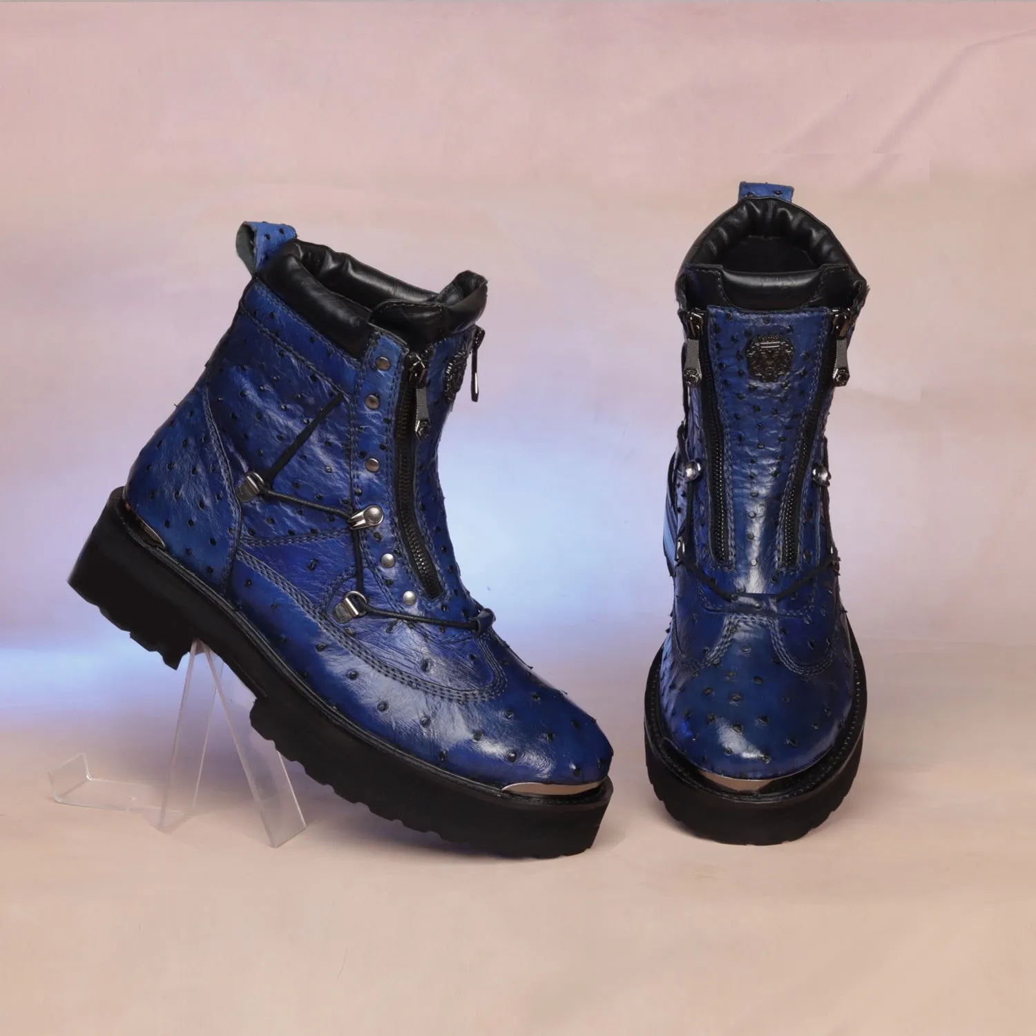 Chunky Boot in Real Ostrich Blue Leather With Metal Plate