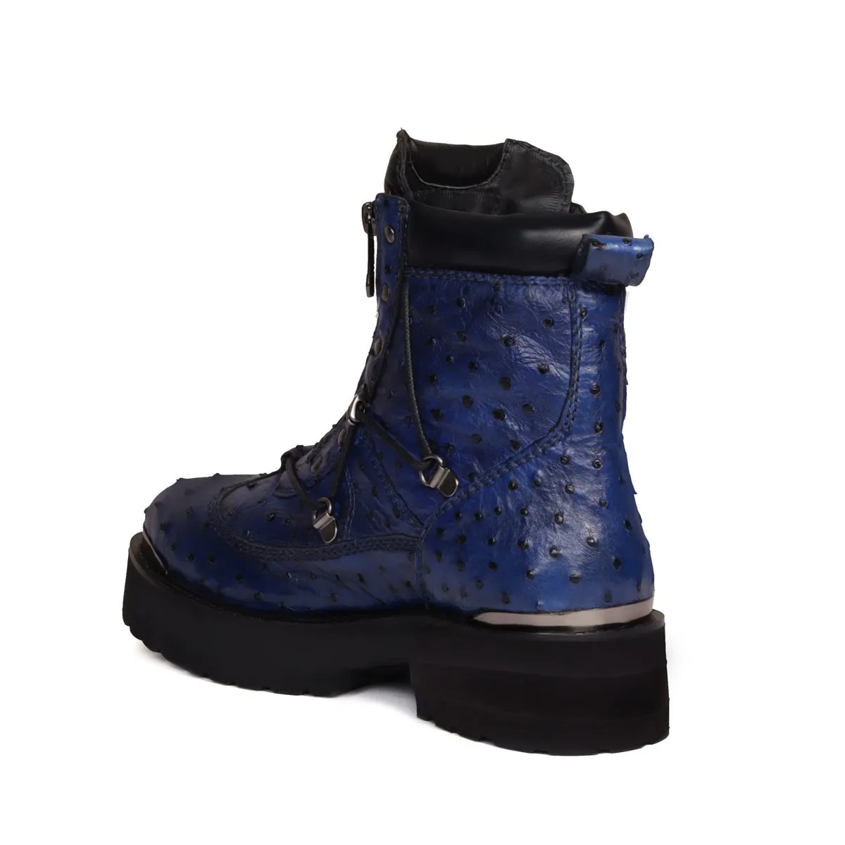 Chunky Boot in Real Ostrich Blue Leather With Metal Plate