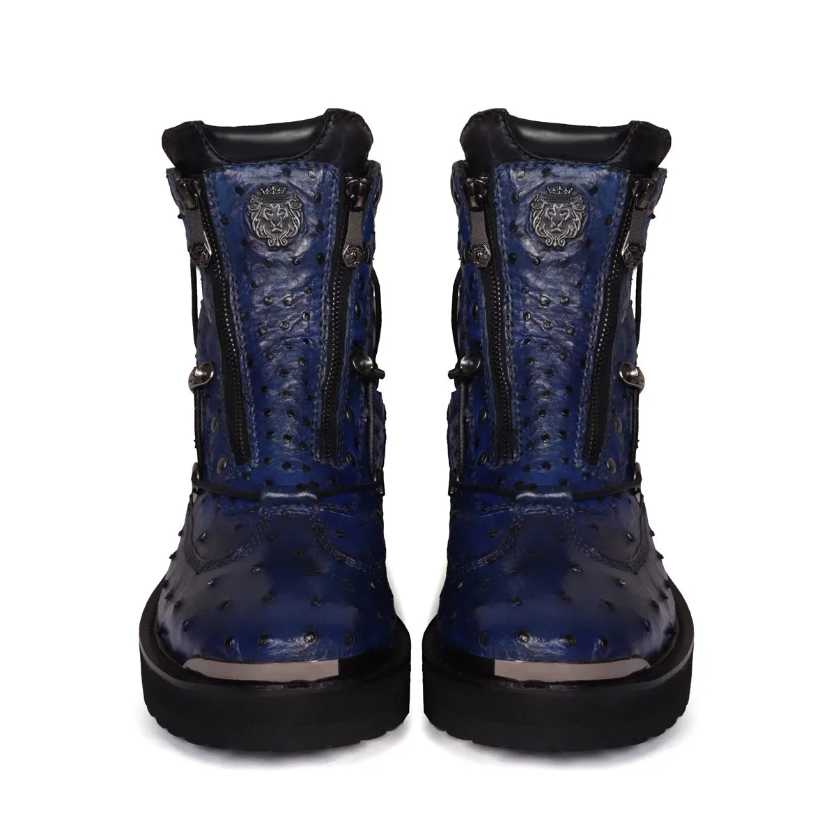 Chunky Boot in Real Ostrich Blue Leather With Metal Plate