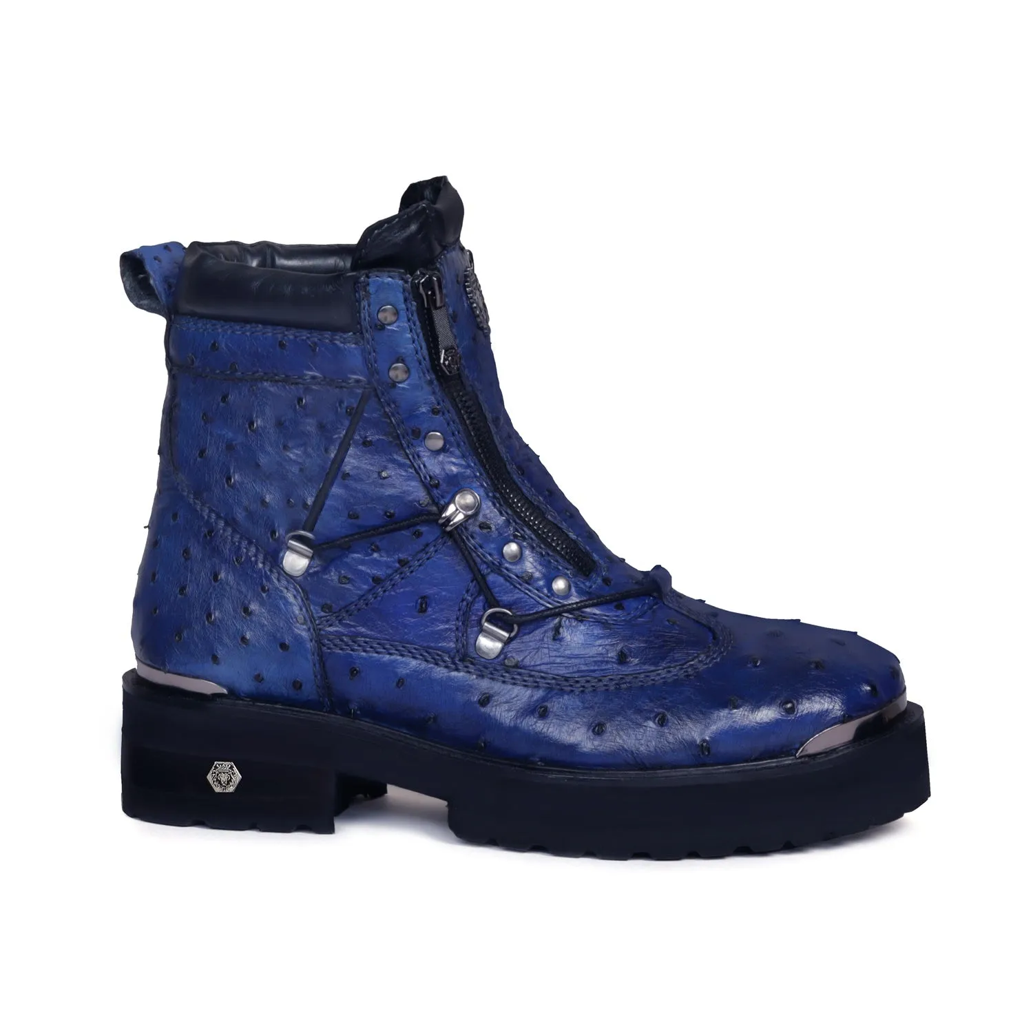 Chunky Boot in Real Ostrich Blue Leather With Metal Plate