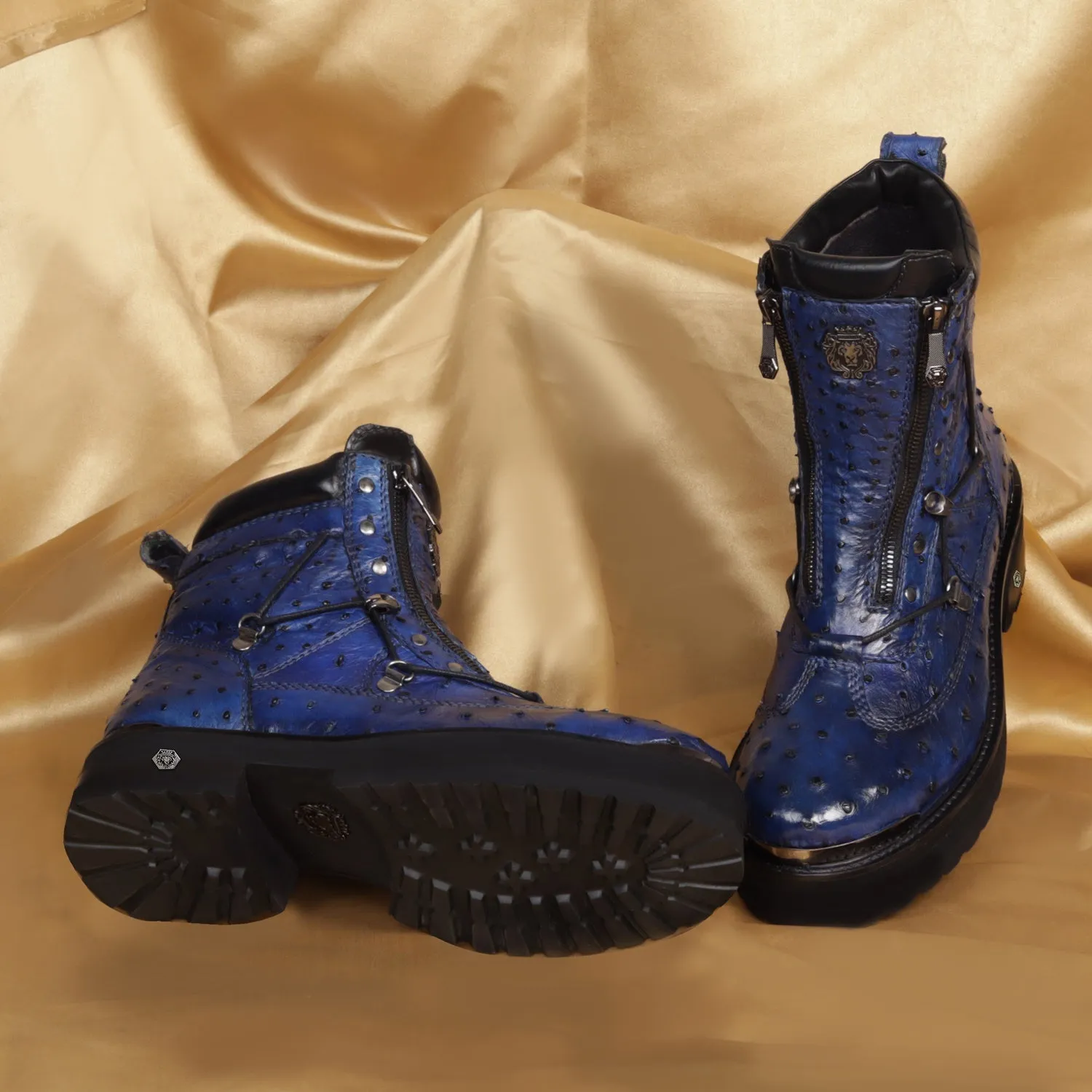 Chunky Boot in Real Ostrich Blue Leather With Metal Plate