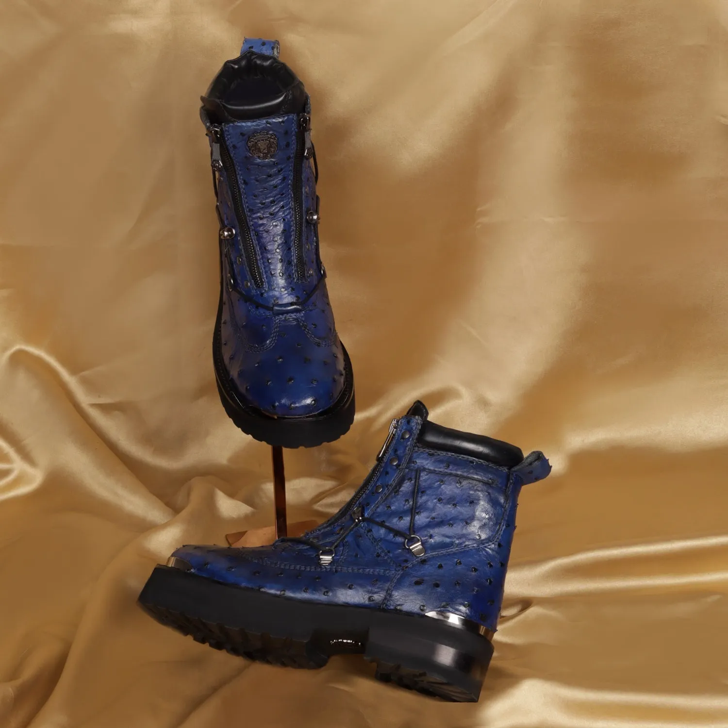 Chunky Boot in Real Ostrich Blue Leather With Metal Plate