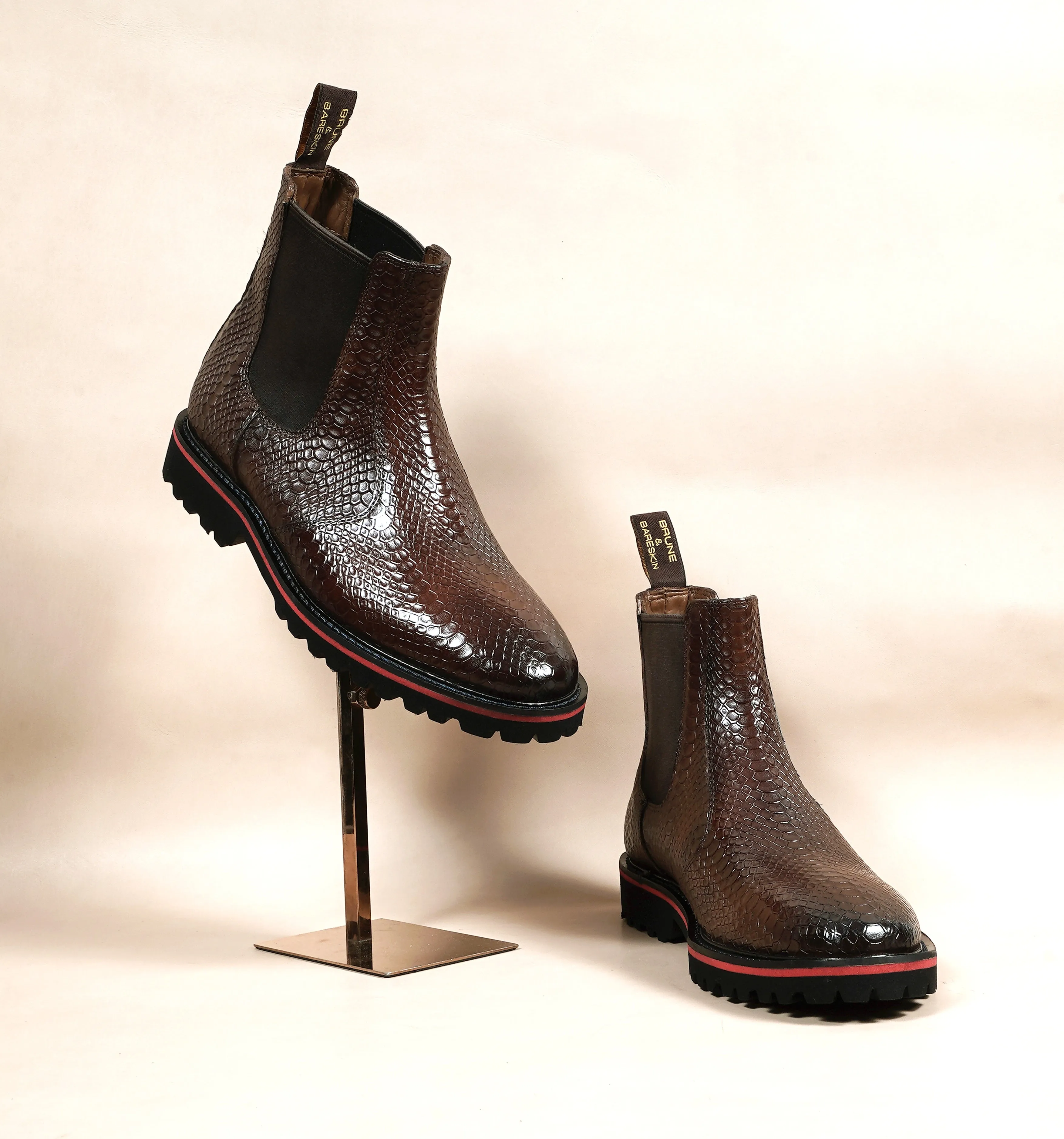 Chunky Sole Chelsea Boot in Light Weight with dark Brown Snake Skin Textured Leather