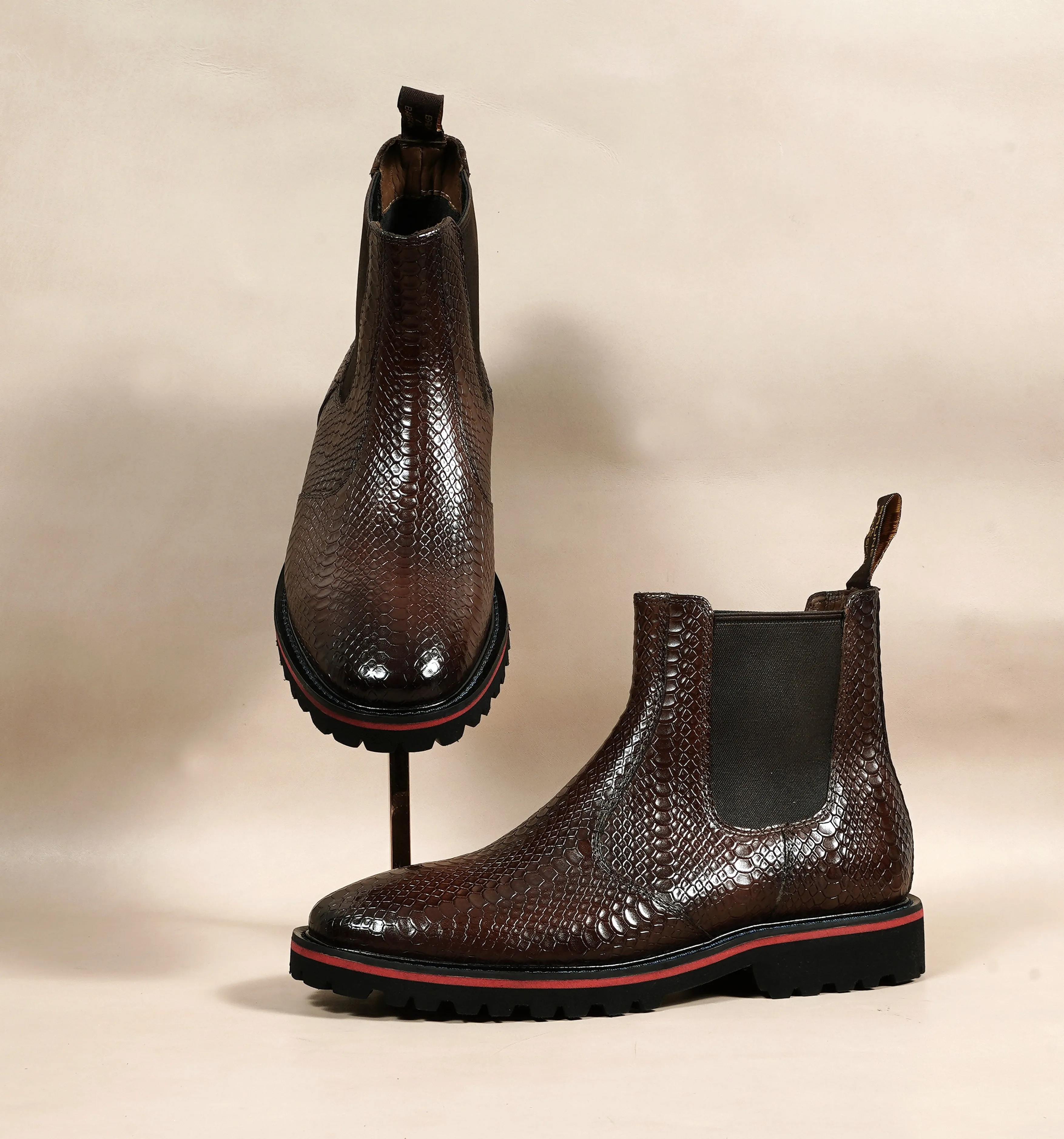 Chunky Sole Chelsea Boot in Light Weight with dark Brown Snake Skin Textured Leather