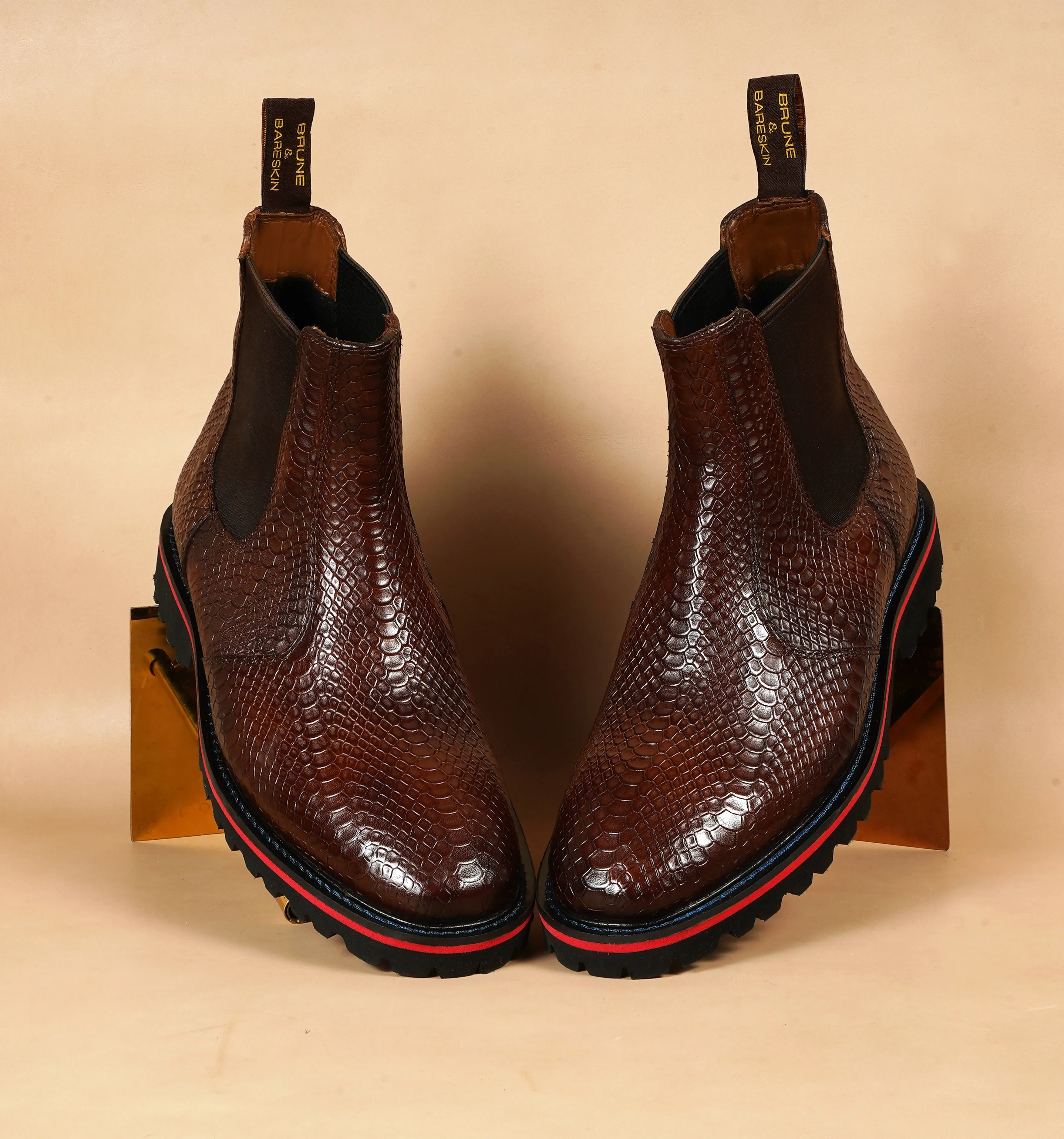 Chunky Sole Chelsea Boot in Light Weight with dark Brown Snake Skin Textured Leather