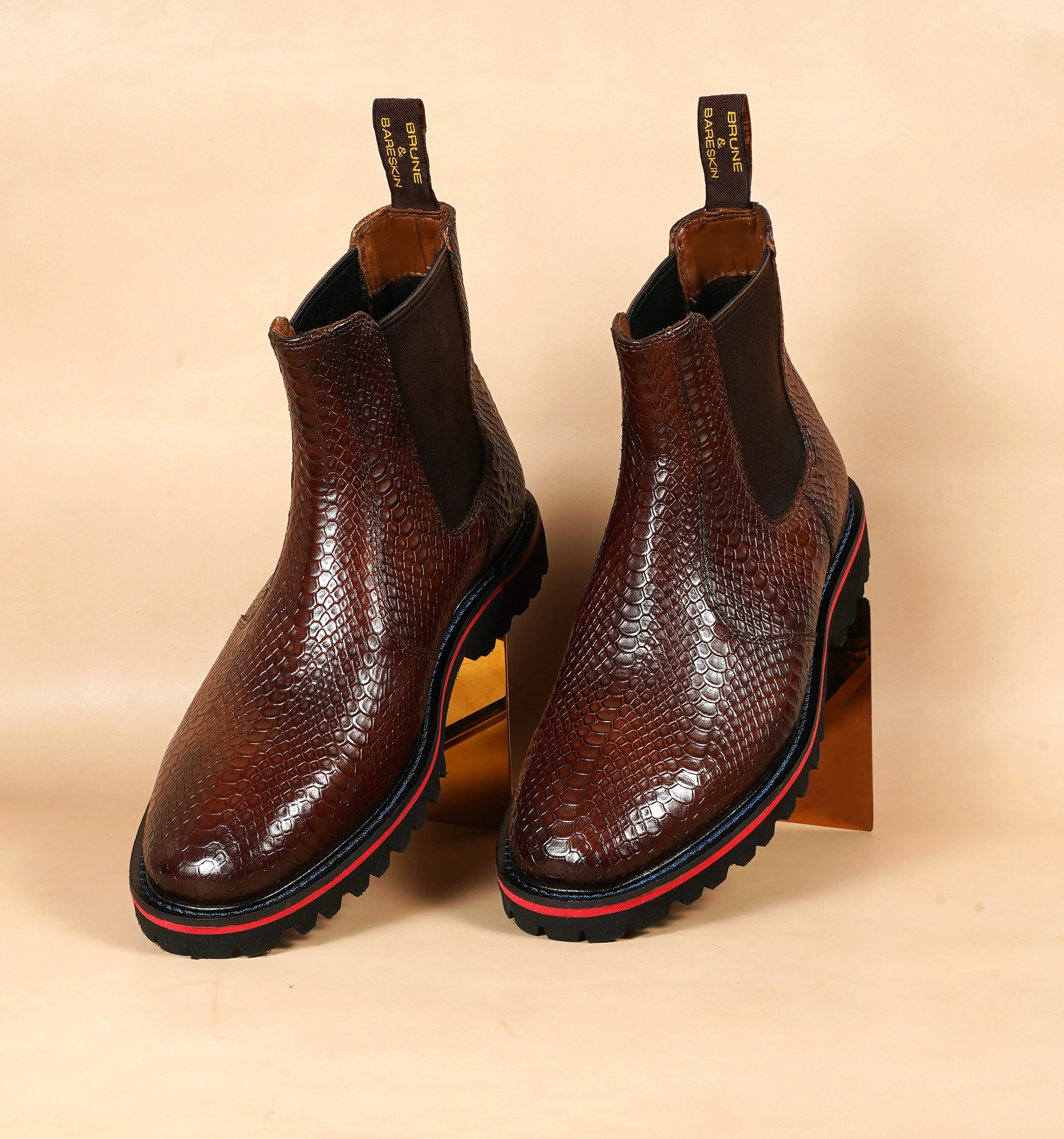 Chunky Sole Chelsea Boot in Light Weight with dark Brown Snake Skin Textured Leather