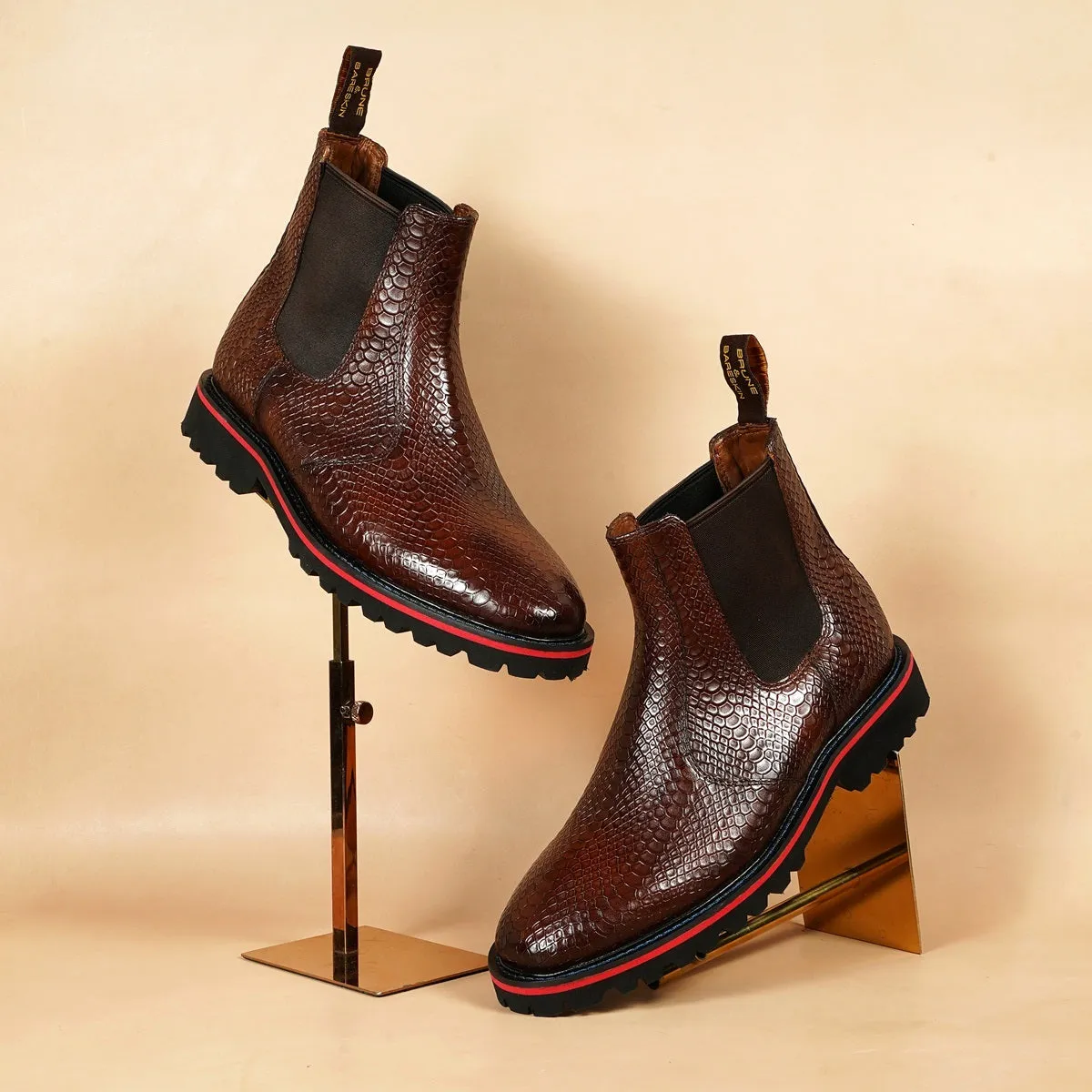 Chunky Sole Chelsea Boot in Light Weight with dark Brown Snake Skin Textured Leather